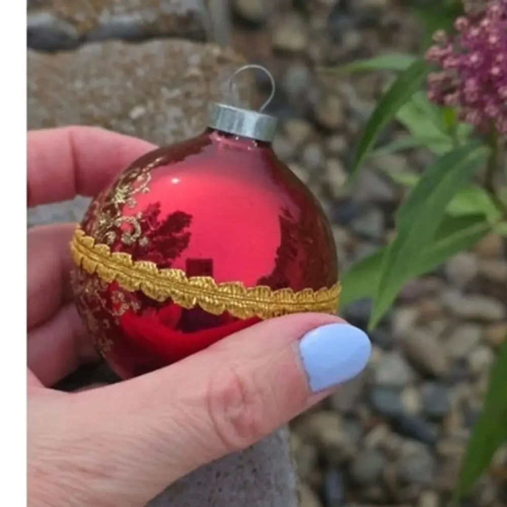 VTG Christmas Ornament Red Glass Globe Western Germany Gold Filigree Rose RARE